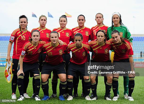 The Spain Team line up during the FIFA U17 Women's World Cup match between New Zealand and Spain at the Ato Boldon Stadium on September 9, 2010 in...