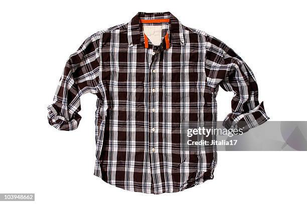 brown plaid shirt - white background - flannel shirt stock pictures, royalty-free photos & images