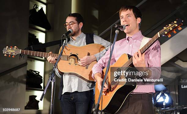 Edward Ibbotson and Sam Fry of the band Life In Film perform during the VOGUE Fashion's Night Out at the Burberry boutique on September 09, 2010 in...