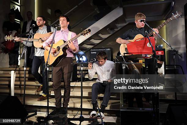 From L- R Edward Ibbotson, Dominic Sennet, Sam Fry and Micky Osment of the band Life In Film pose during the VOGUE Fashion's Night Out at the...