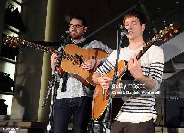 Edward Ibbotson and Sam Fry of the band Life In Film perform during the VOGUE Fashion's Night Out at the Burberry boutique on September 09, 2010 in...
