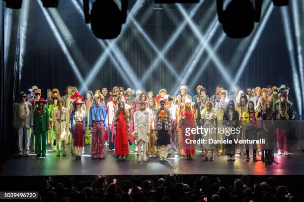 Models poses the stage at the Gucci show during Paris Fashion Week Spring/Summer 2019 on September 24, 2018 in Paris, France.