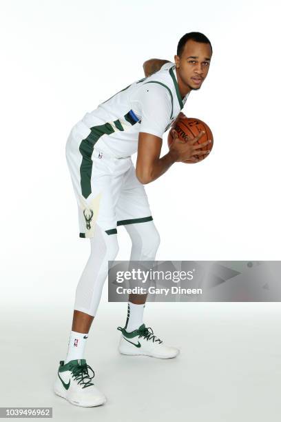 John Henson of the Milwaukee Bucks poses for a portrait during Milwaukee Bucks Media Day at Fiserv Forum on September 24, 2018 in Milwaukee,...