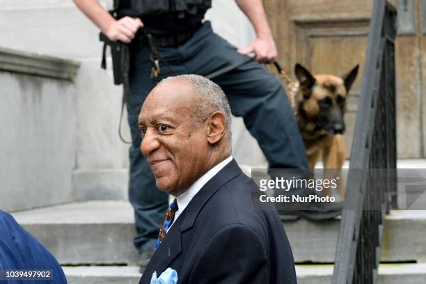 Bill Cosby departs after appearing before Judge Steven O'Neil for a sentencing hearing at the Montgomery County Court House, in Norristown, PA, on...