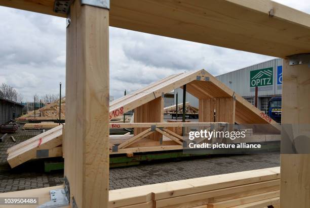 Roof structures pictured in front of the new building of the company Opitz Holzbau GmbH in Neuruppin, Germany, 30 March 2016. The 65 employees of the...