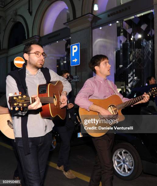 Edward Ibbotson and Sam Fry of the band Life In Film perform during the VOGUE Fashion's Night Out at the Burberry boutique on September 09, 2010 in...