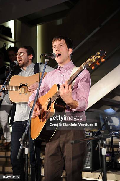 Edward Ibbotson and Sam Fry of the band Life In Film perform during the VOGUE Fashion's Night Out at the Burberry boutique on September 09, 2010 in...