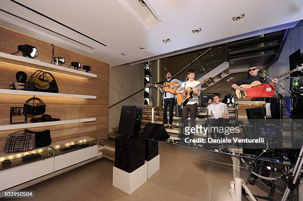 Edward Ibbotson, Sam Fry, Micky Osment and Dominic Sennet of the band Life In Film perform during the VOGUE Fashion's Night Out at the Burberry...