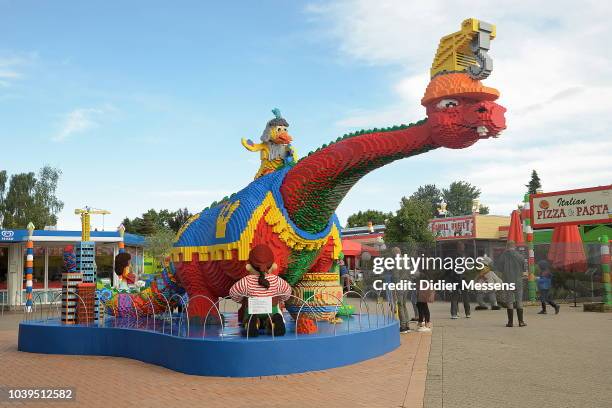 Funny dragon is seen in the front part of Legoland on September 1, 2018 in Billund, Denmark.