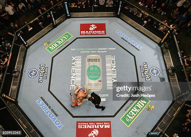 An overhead view of the Octagon as Georges St-Pierre defeats Matt Hughes at UFC 65 at the Arco Arena on November 18, 2006 in Sacramento, California.