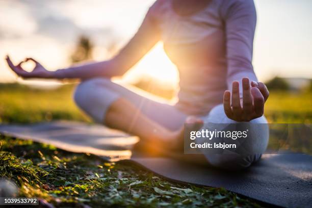 close up van meditatie in park bij zonsopgang. - yoga stockfoto's en -beelden