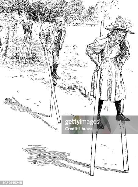 antique engraving illustration: children on stilts - stilts stock illustrations