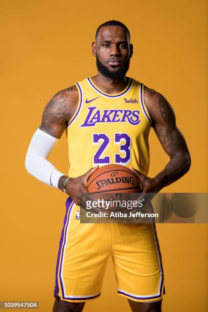 LeBron James of the Los Angeles Lakers poses for a portrait during media day at UCLA Health Training Center on September 24, 2018 in El Segundo,...