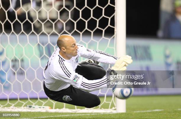 Goalkeeper Kasey Keller of the Seattle Sounders FC blocks a penalty kick against Real Salt Lake on September 9, 2010 at Qwest Field in Seattle,...