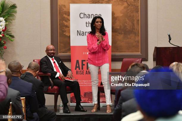 Businessman and author Jim Ovia and journalist Zeinab Badawi speak during a discussion of his book, Africa Rise And Shine: How A Nigerian...