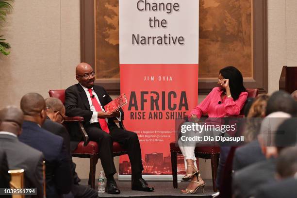 Businessman and author Jim Ovia and journalist Zeinab Badawi speak during a discussion of his book, Africa Rise And Shine: How A Nigerian...