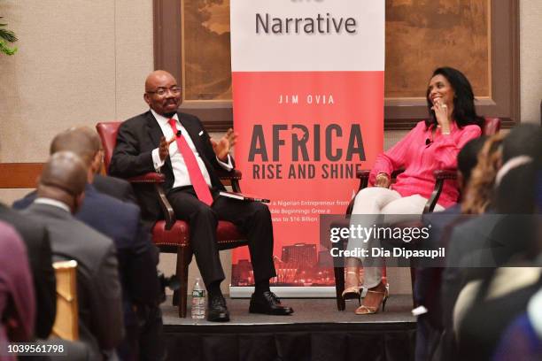 Businessman and author Jim Ovia and journalist Zeinab Badawi speak during a discussion of his book, Africa Rise And Shine: How A Nigerian...