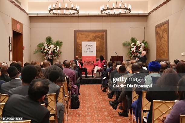 Businessman and author Jim Ovia and journalist Zeinab Badawi speak during a discussion of his book, Africa Rise And Shine: How A Nigerian...