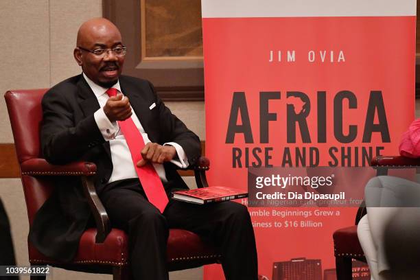 Businessman and author Jim Ovia speaks at a discussion of his book, Africa Rise And Shine: How A Nigerian Entrepreneur From Humble Beginnings Grew A...