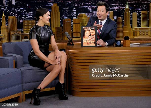 Mandy Moore and host Jimmy fallon during a segment on "The Tonight Show Starring Jimmy Fallon" at Rockefeller Center on September 24, 2018 in New...