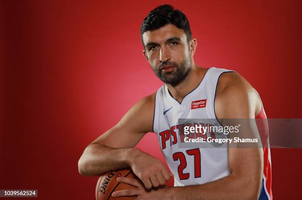 Zaza Pachulia of the Detroit Pistons poses for a portrait during Media Day at Little Caesars Arena on September 24, 2018 in Detroit, Michigan. NOTE...