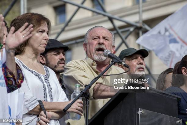 Hugo Yasky, general secretary of Argentine Workers' Central Unit , speaks during a protest organized by CTA in Buenos Aires, Argentina, on Monday,...