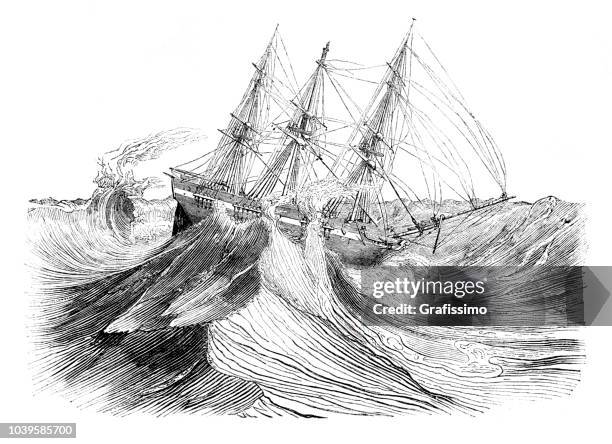 engraving three masted ship sinking in a hurricane - hurricane storm stock illustrations