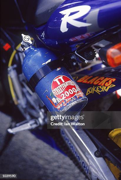 Close-up of a nitrus injection can, fitted to a bike for the Ramsey Sprint during the Isle of Man TT Races on the Isle of Man, Great Britain. \...