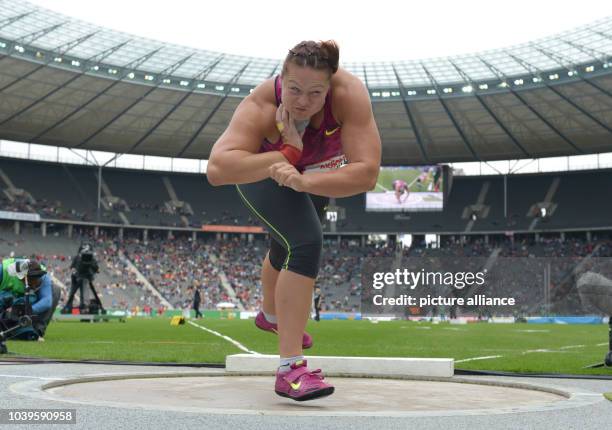 Shot putter Christina Schwanitz in action during the Internationales Stadionfest annual track and field athletics meet at the Olympiastadion in...