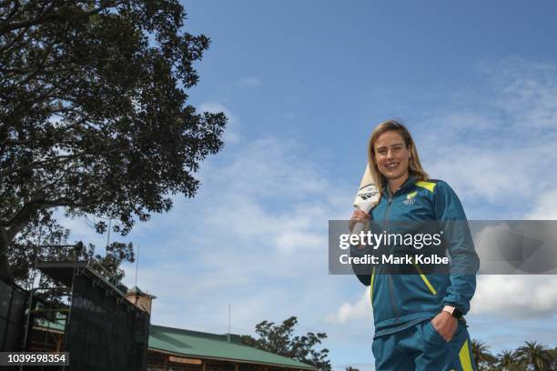 Ellyse Perry poses during a Australian Women's Cricket Media Opportunity at North Sydney Oval on September 25, 2018 in Sydney, Australia.