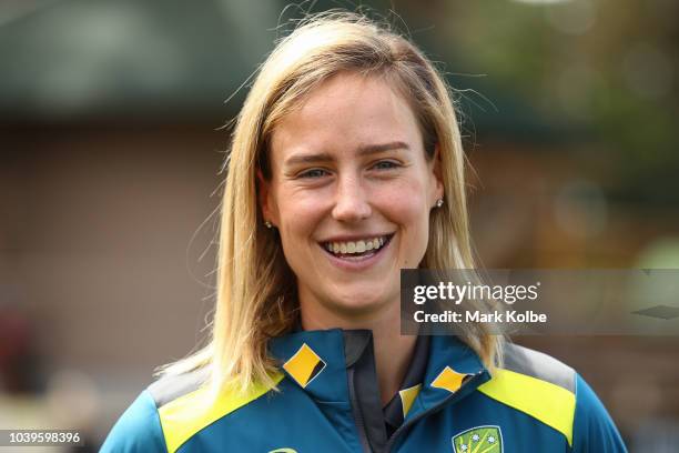 Ellyse Perry speaks to the media during a Australian Women's Cricket Media Opportunity at North Sydney Oval on September 25, 2018 in Sydney,...