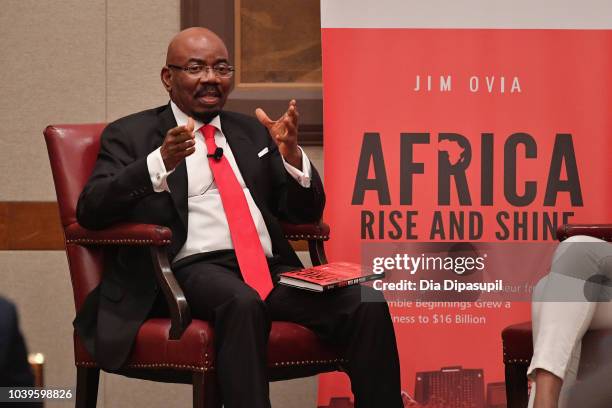 Businessman and author Jim Ovia speaks at a discussion of his book, Africa Rise And Shine: How A Nigerian Entrepreneur From Humble Beginnings Grew A...