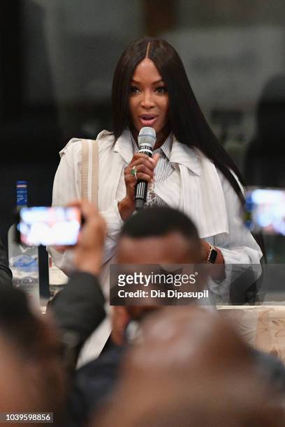 Model Naomi Campbell attends a discussion of the book Africa Rise And Shine: How A Nigerian Entrepreneur From Humble Beginnings Grew A Business To...