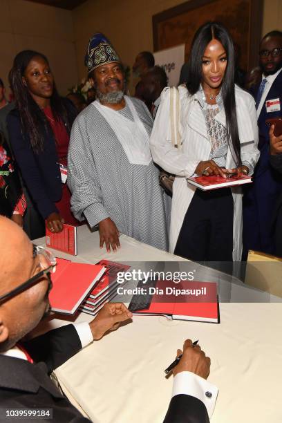 Model Naomi Campbell attends a discussion of the book Africa Rise And Shine: How A Nigerian Entrepreneur From Humble Beginnings Grew A Business To...