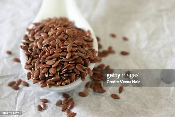 close-up of flax seeds in a ceramic spoon on white background - flax plant stock pictures, royalty-free photos & images