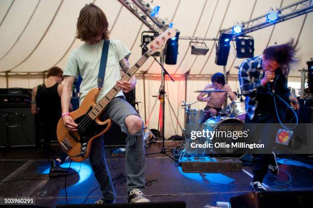 Mark Ringrose, Thomas Sadler, Alex Wealands and Tom Pitts of Throats perform on the Hardcore stage during day one of Offset Festival at Hainault...