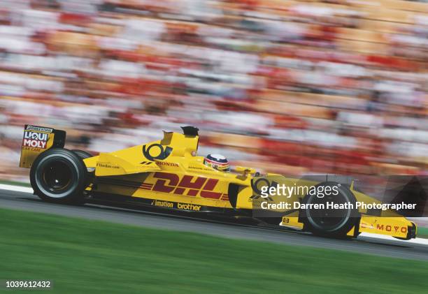 Takuma Sato of Japan driving the DHL Jordan HondaJordan EJ12 Honda RA002E V10 during the Formula One German Grand Prix on 28th July 2002 at the...