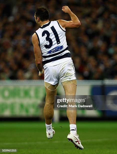 James Podsiadly of the Cats celebrates a goal during the AFL Second Semi Final match between the Geelong Cats and the Fremantle Dockers at Melbourne...