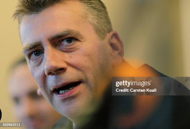 Berlin parliamentarian Rene Stadtkewitz speaks to the media to announce the creation of a new right -of-center political party at Belair hotel on...