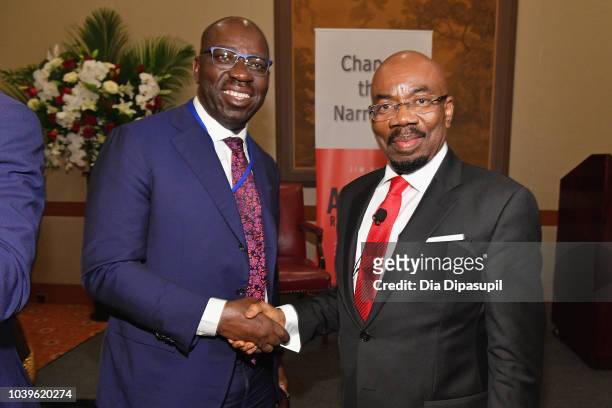 Governor of Edo State, Nigeria Godwin Obaseki and Jim Ovia attend a discussion of the book Africa Rise And Shine: How A Nigerian Entrepreneur From...