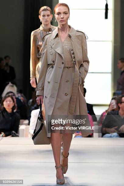 Model walks the runway at the Burberry Ready to Wear Spring/Summer 2019 fashion show during London Fashion Week September 2018 on September 17, 2018...