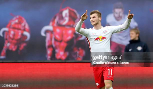 Bundesliga, RB Leipzig - SC Freiburg, 29th Gameday at the Red Bull Arena, Leipzig, Germany, 15 April 2017. Leipzig's Timo Werner celebrates after the...