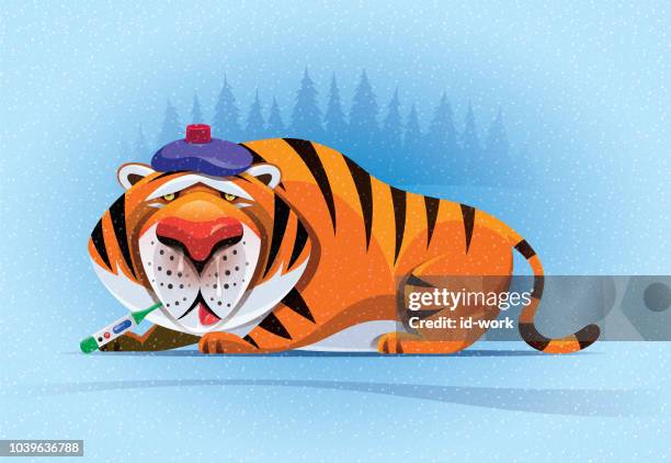illustrazioni stock, clip art, cartoni animati e icone di tendenza di tigre malata con termometro e confezione di ghiaccio - debolezza