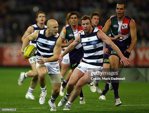 Gary Ablett of the Cats breaks away from his opponents during the AFL Second Semi Final match between the Geelong Cats and the Fremantle Dockers at...