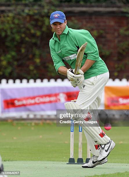 Campbell Hughes of Urban Projects plays to mid wicket during the London Corporate Cup Final between Urban Projects and Hogan Lovells during the Save...