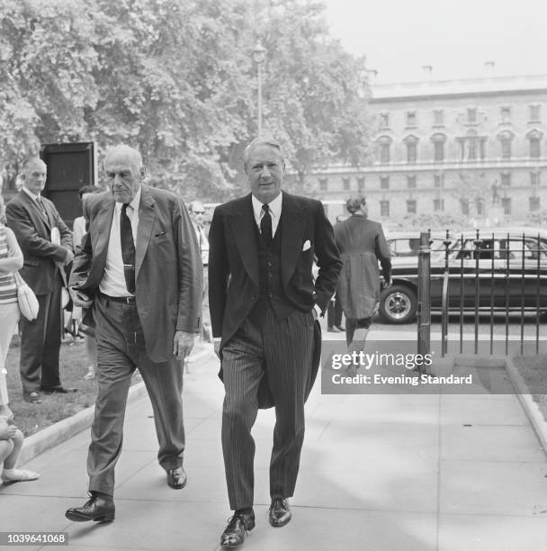 British businessman Oliver Lyttelton, 1st Viscount Chandos and Leader of the Conservative Party Edward Heath , London, UK, 22nd July 1968.