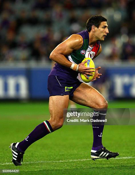 Matthew Pavlich of the Dockers gathers the ball during the AFL Second Semi Final match between the Geelong Cats and the Fremantle Dockers at...