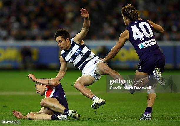 Matthew Stokes of the Cats loses his footing during the AFL Second Semi Final match between the Geelong Cats and the Fremantle Dockers at Melbourne...