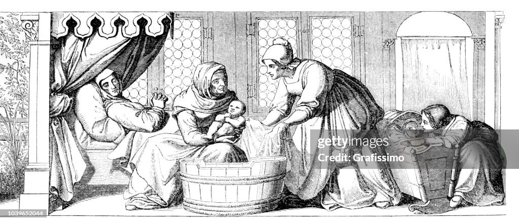 Ostetrica che fa il bagno al neonato dopo la nascita in epoca medievale