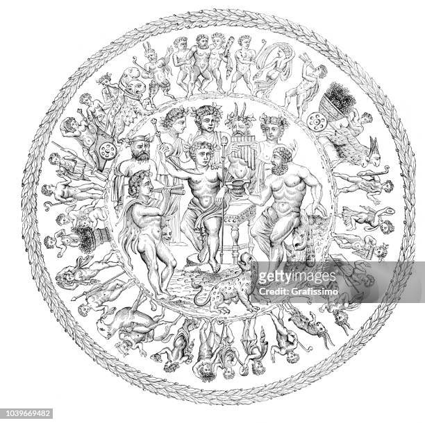 ilustraciones, imágenes clip art, dibujos animados e iconos de stock de bol de ofrenda mostrando el triunfo del dios baco por hércules - rennes france